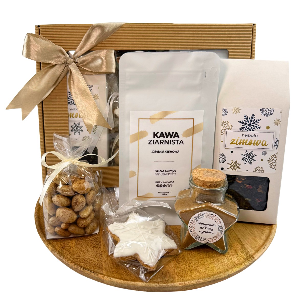 Zestaw prezentowy z kawą i herbatą i słodką przekąską