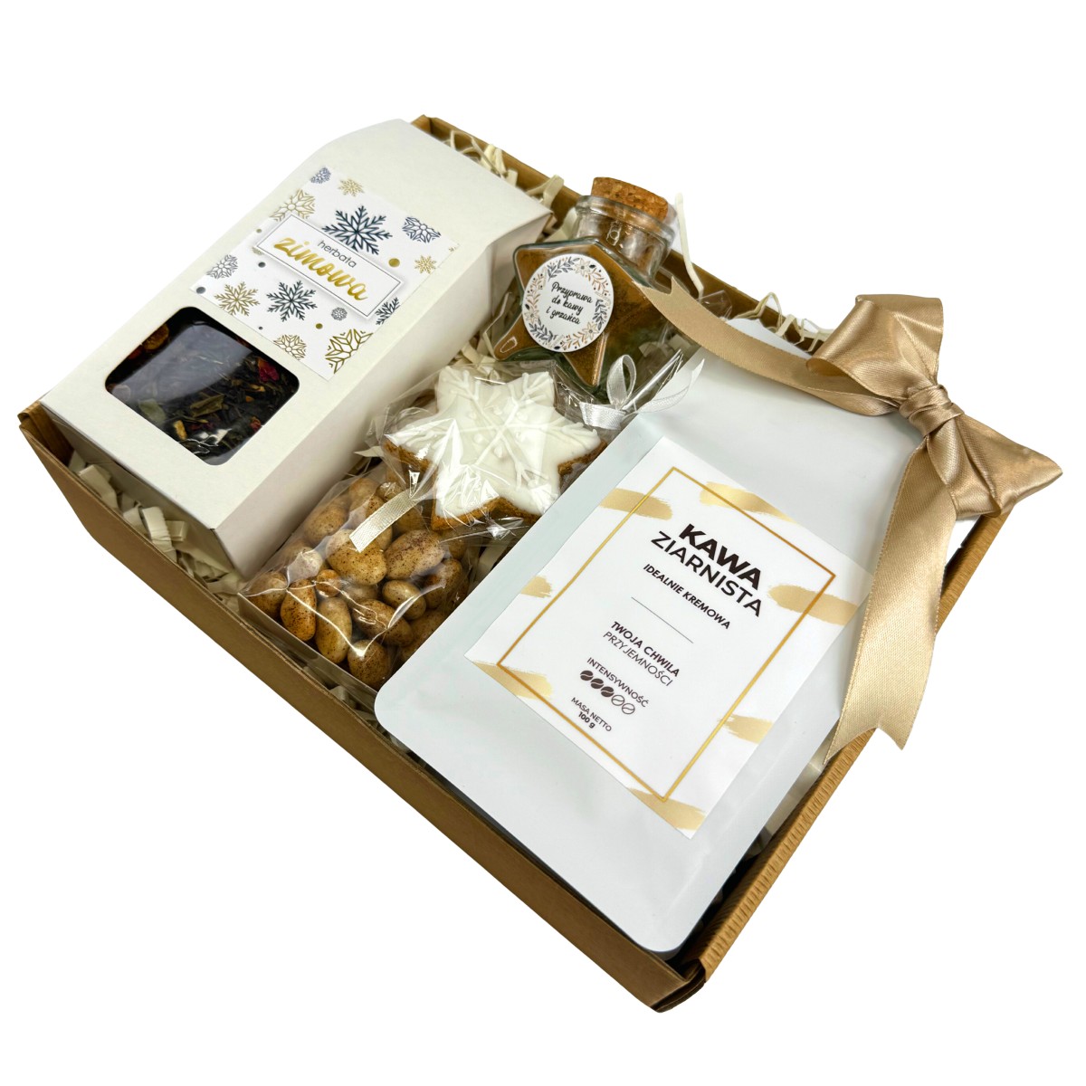 Zestaw prezentowy z kawą i herbatą i słodką przekąską