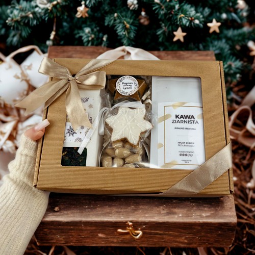 Zestaw prezentowy z kawą i herbatą i słodką przekąską